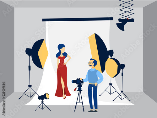 Pretty woman in red dress making photoshoot
