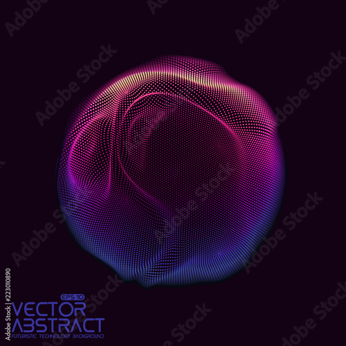 Vector abstract sphere of particles, points array. Futuristic vector illustration. Technology digital splash or explosion of data points. Spherical waveform. Cyber UI or HUD element.