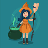 Happy Halloween. Witch character illustration with witches cauldron and green potion. Cute cartoon vector, character design.
