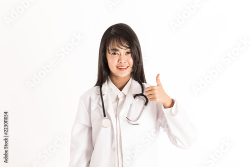 attractive Doctor Asian woman smile and show thumbs up good hand sign Isolated on white background Healthcare and Medical Concept
