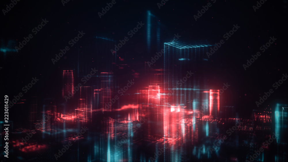 Digital abstract city made of glowing dots. Business skyscrapers. Hologram buildings. Architectural technology structure of luminous lines and particles. Connection concept. 3d rendering