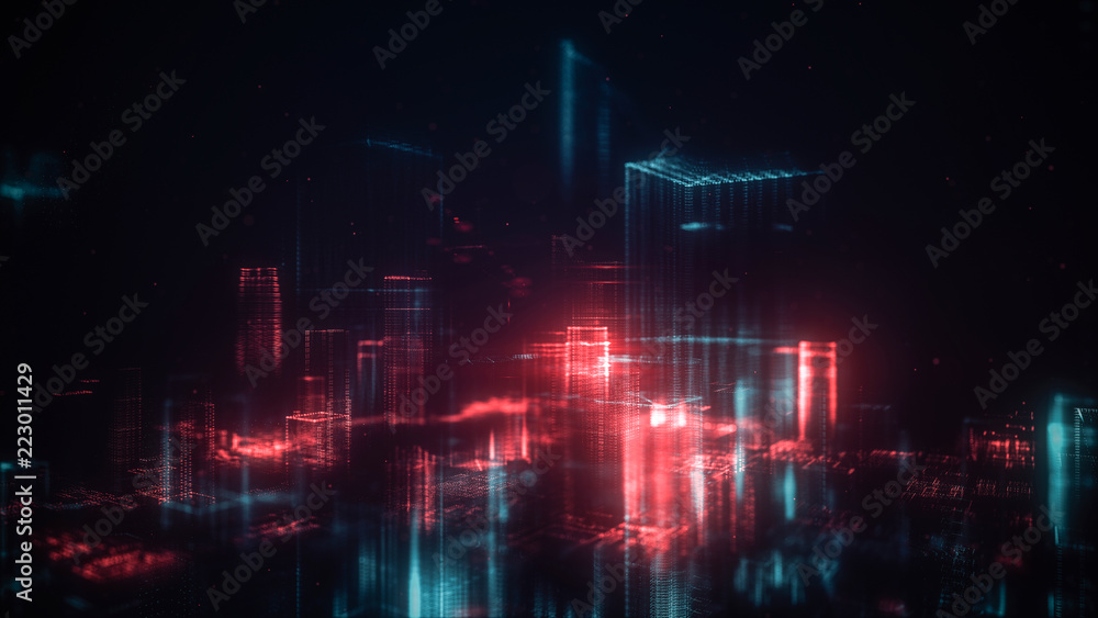 Naklejka premium Digital abstract city made of glowing dots. Business skyscrapers. Hologram buildings. Architectural technology structure of luminous lines and particles. Connection concept. 3d rendering