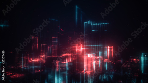Digital abstract city made of glowing dots. Business skyscrapers. Hologram buildings. Architectural technology structure of luminous lines and particles. Connection concept. 3d rendering © S.Gvozd