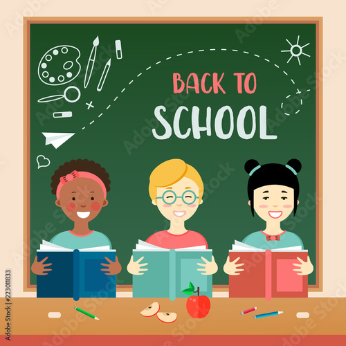 Vector Illustration. Flat style icons of dark skinned girl, asian girl, blond boy in classroom. Simple elements for study. Back to school banner with cute characters. Education Concept.