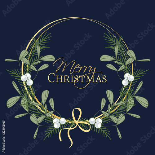 Vector illustration of Christmas wreath with branches and mistletoe. Happy Christmas greeting card