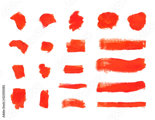 Vector Brush Strokes, Textured Red Paint Smears, Design Elements Set.