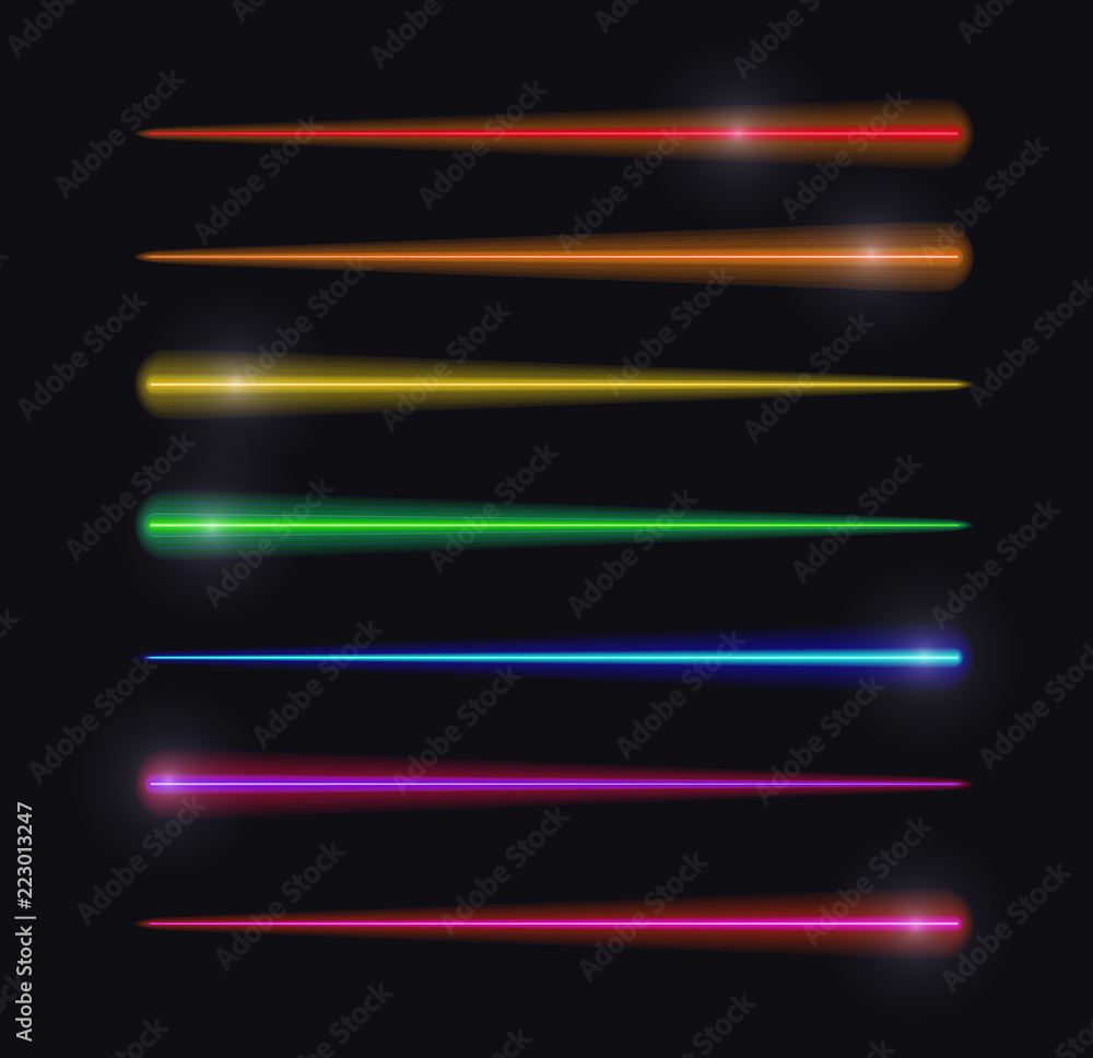 Vector Motion Lights, Abstract Glowing Lines, Rainbow Colors, Isolated Set.
