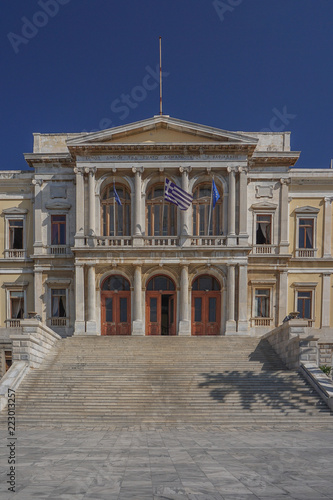 Syros, Greece: The entrance to the Ermoupoli (Hermoupolis) City Hall in Miaouli Square, on the Aegean island of Syros.