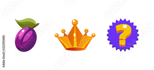 Slot machine symbols, plum fruit, crown, question sign, game user interface element for computer or mobile games vector Illustration