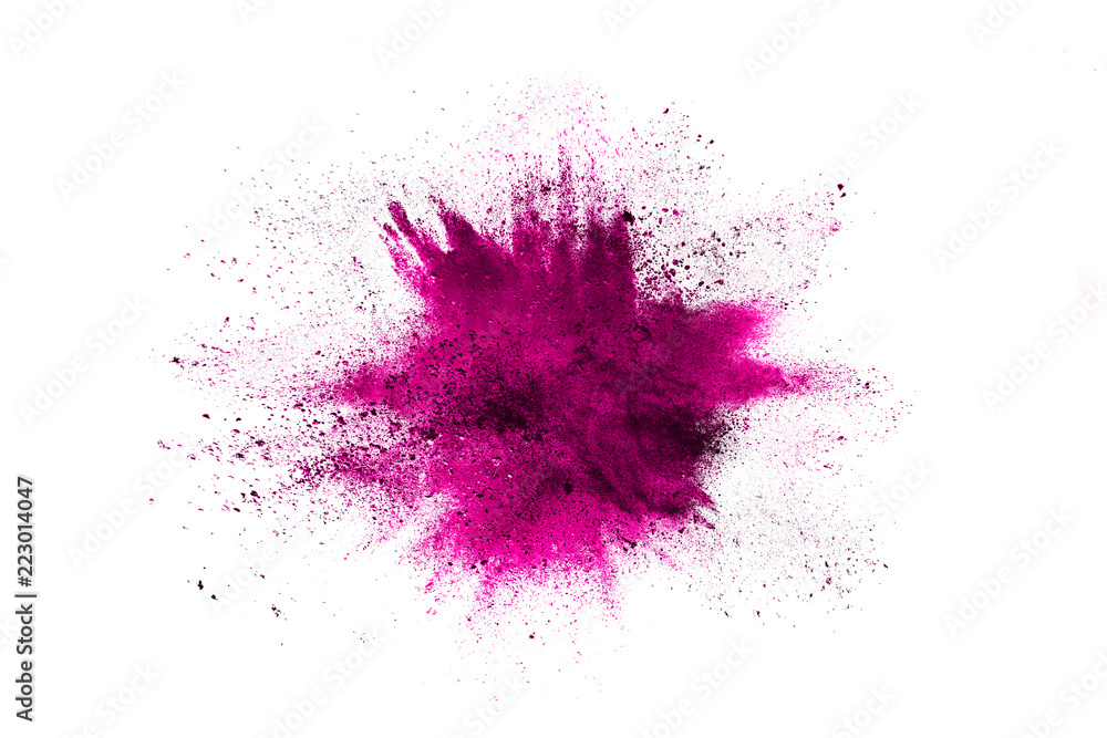Obraz Różowy proszek wybuchu na białym tle. Paint Holi.