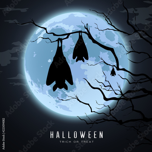 Happy Halloween, sleeping bat in tree on moon night background, vector illustration
