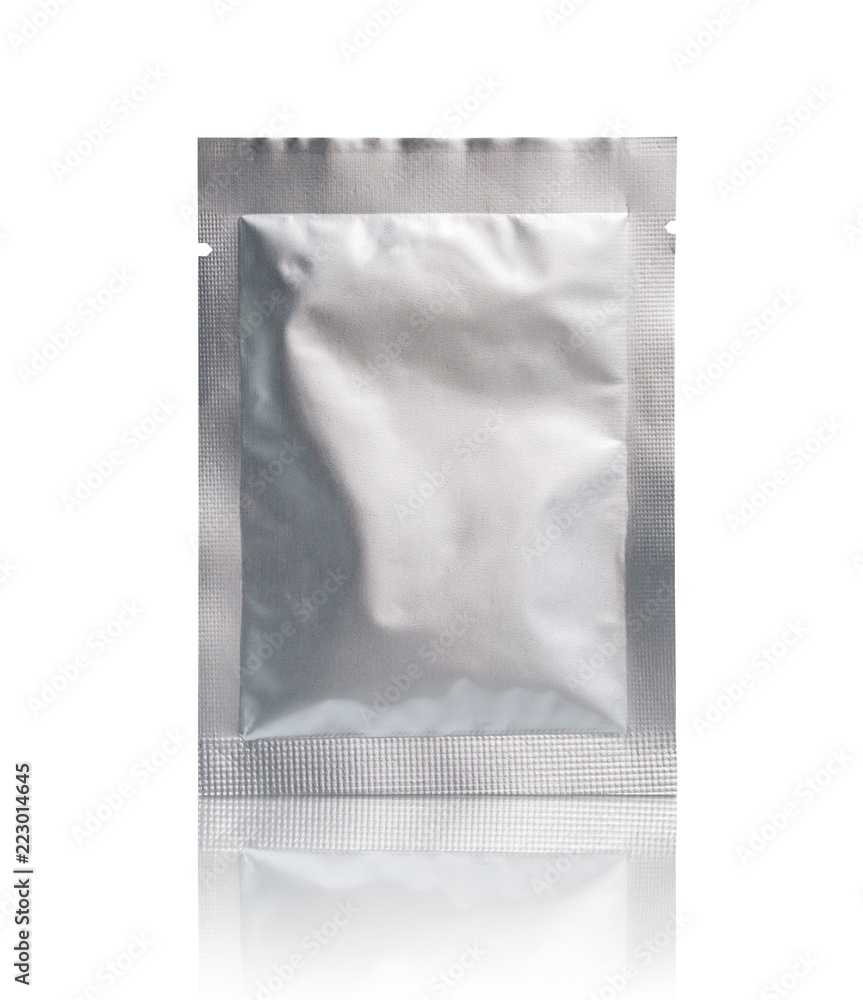 blank foil sachet packaging isolated on white background with clipping ...