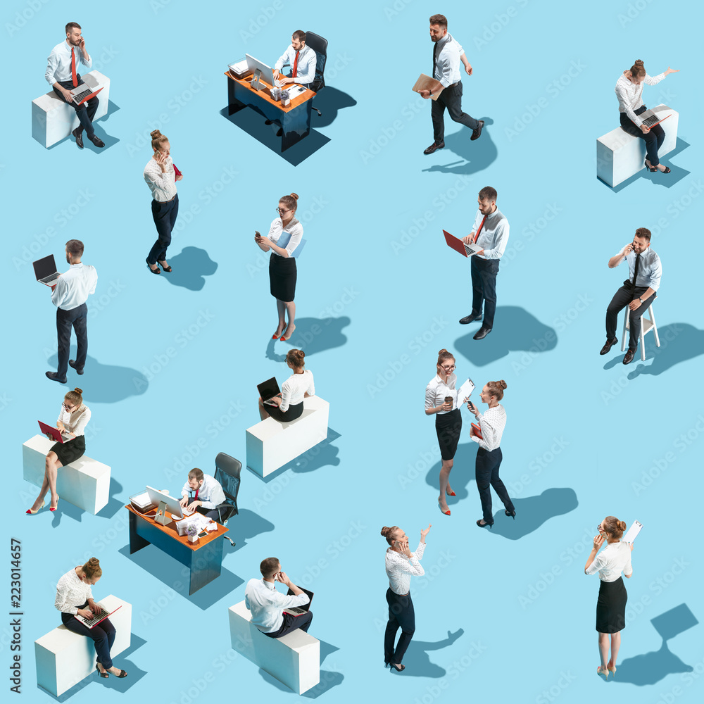 Conceptual image of business processes with businessman and businesswoman. Flat isometric view. Business, recruitment, human resources, communication, internet, teamwork and network concept. Miniature Conceptual image of business processes with businessman and businesswoman. Flat isometric view. Business, recruitment, human resources, communication, internet, teamwork and network concept. Miniature