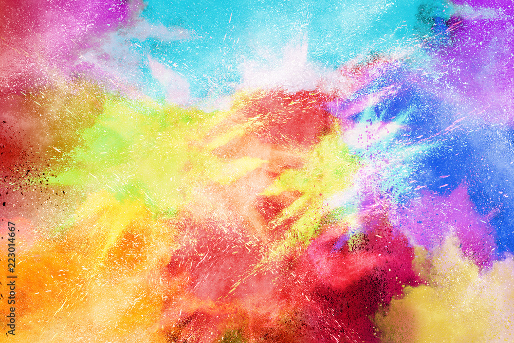 Abstract powder splatted background. Colorful powder explosion on white background. Colored cloud. Colorful dust explode. Paint Holi.