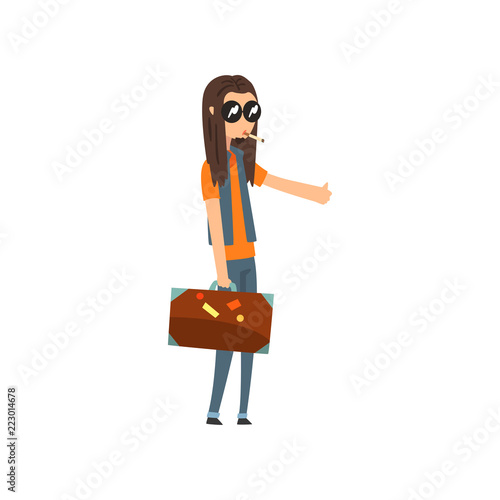 Hitchhiking young man with long hair trying to stop a car, guy travelling by autostop cartoon vector Illustration on a white background