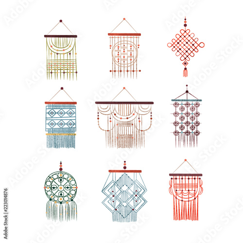 Macrame hangings set, elegant handmade home decorations made of cotton cord vector Illustration on a white background