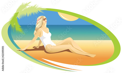 Blond girl sunbathing on the beach. © Tetiana
