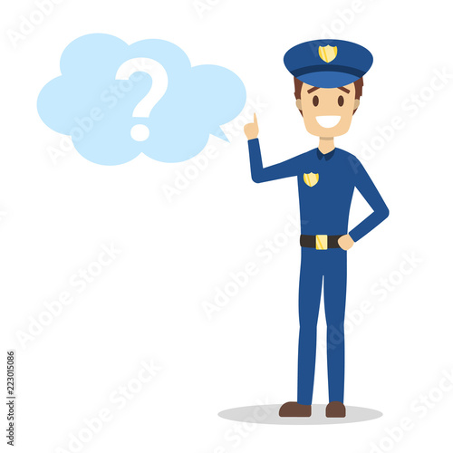 Male policeman standing at the question mark