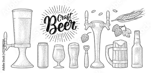 Beer set with wood mug, tap, glass, hop, bottle. Engraving