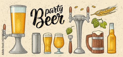 Beer set with wood mug, tap, glass, hop, bottle. Engraving