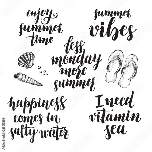 Set of phrases for summer and sea themes. Modern brush calligraphy lettering and hand-drawn design elements. Motivating quotes.