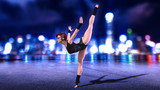 Dancer girl doing standing split exercise, redhead woman wearing headphones with city skyline at night, 3D rendering