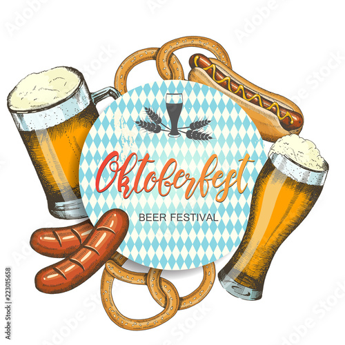 Oktoberfest celebration background. Hand drawn beer, pretzel, sausage and hod dog. Hand made lettering. Sketch. Oktoberfest design for menu, poster, banner, flyer, brochure, web. Advertising