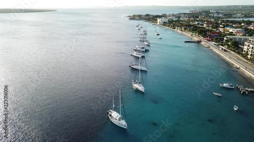 caribbean boat yacht harbor Bonaire island aerial drone top view 4K UHD