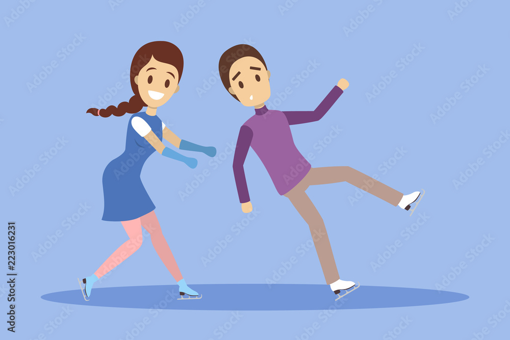 Obraz premium Cute romantic couple skate together. Winter activity