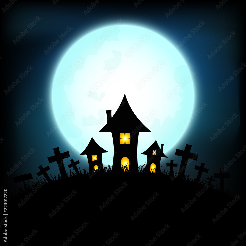 Halloween concept with Castle on ground in full moon night background, Vector illustration