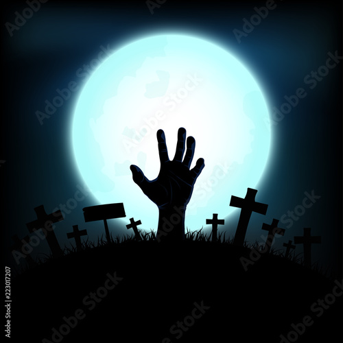 Halloween concept with zombie hand rising out from the ground in full moon night background, Vector illustration