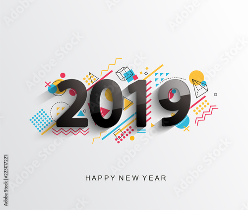 Modern creative new 2019 year design card with geometric shapes on background for your seasonal holidays flyers, greetings and invitations cards and christmas themed congratulations and banners.Vector