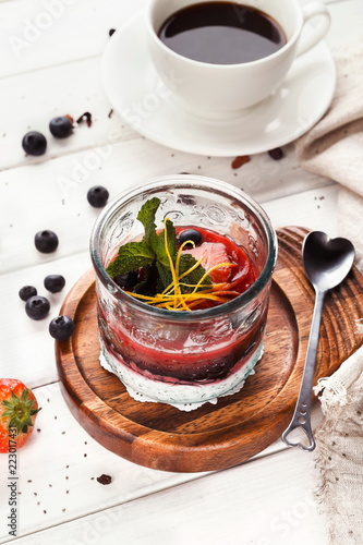 Chia pudding with berries, healthy restaurant dessert