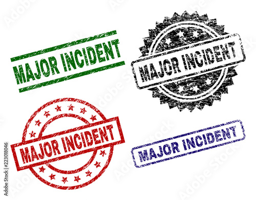 MAJOR INCIDENT seal prints with corroded style. Black, green,red,blue vector rubber prints of MAJOR INCIDENT caption with dirty style. Rubber seals with round, rectangle, rosette shapes.