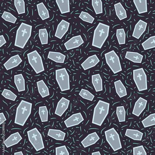 Halloween seamless pattern with cute coffin background. Design for background, wallpaper or gift wrapping paper.