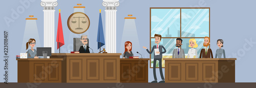 Court building interior with courtroom. Trial process