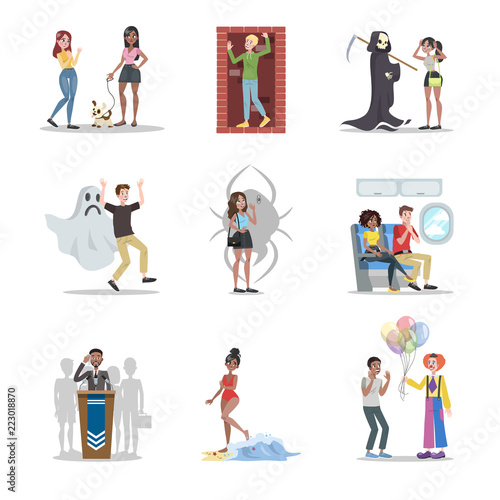 Collection of irrational human fears. Psychology concept.