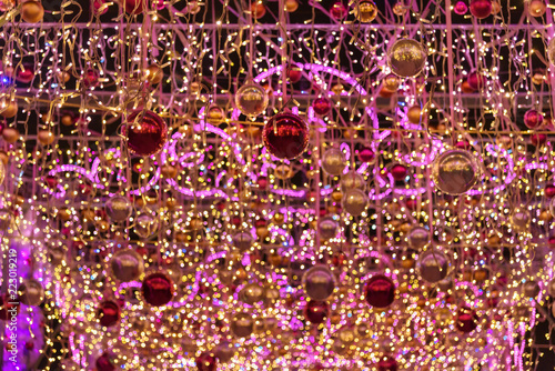 Tent decorated with balls and glare. Christmas and New years illuminations decoration at night. Moscow. Russia