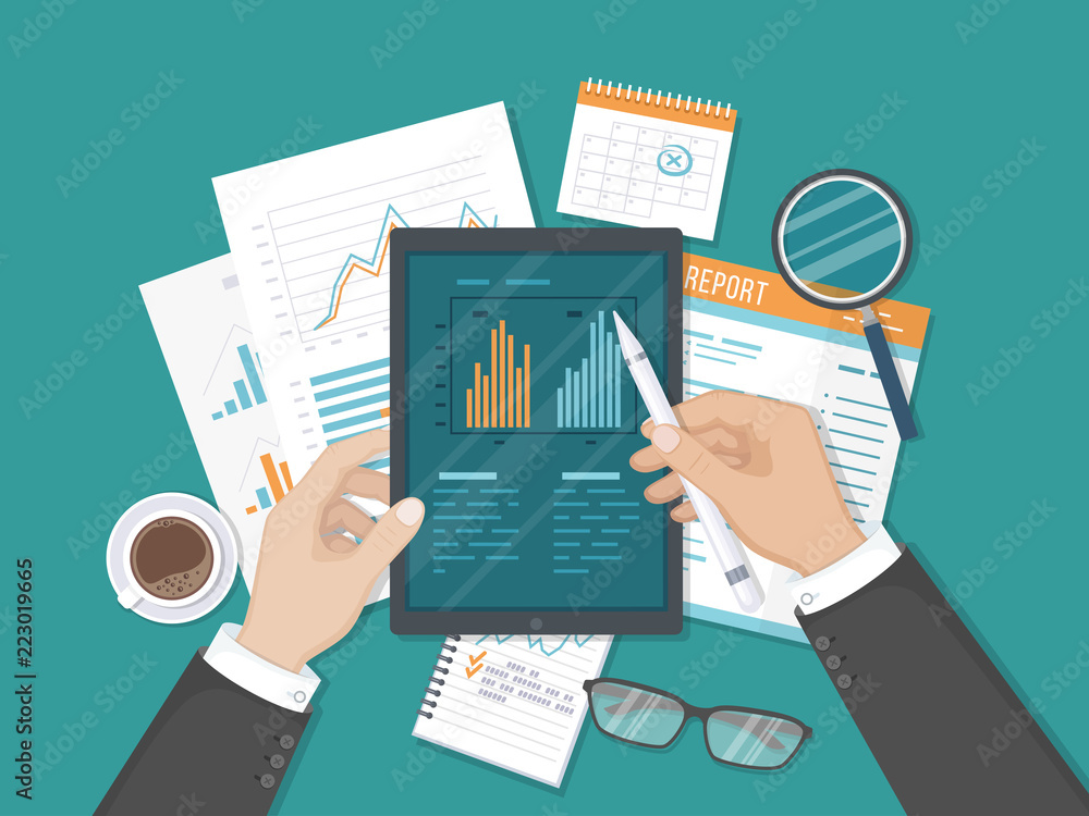 Businessman work with graphs on the tablet screen. Auditing, accounting, analysis, analytics. Documents, report, calendar, magnifier, coffee. Top view. Vector illustration Top view Businessman work with graphs on the tablet screen. Auditing, accounting, analysis, analytics. Documents, report, calendar, magnifier, coffee. Top view. Vector illustration Top view