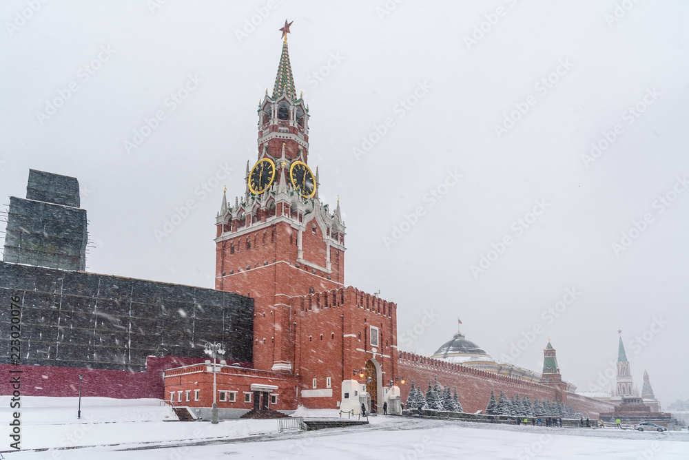 Red Square in snowfall in Moscow. Russia