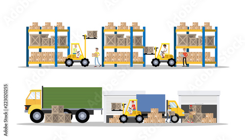 Warehouse or delivery service building interior illsutration.