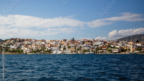 View of Ermioni island, yacht marina and the Aegean sea, Greece.