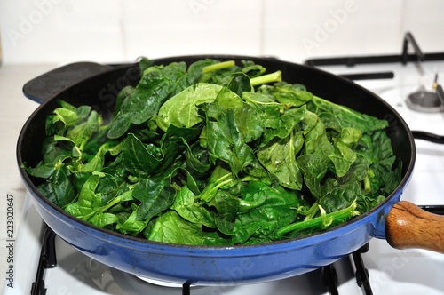 Fresh spinachs on a pan photo