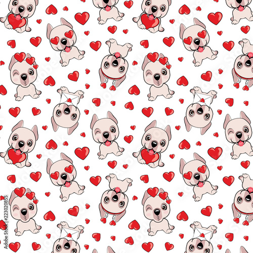 A pattern with small brown dogs with red hearts on a white background.