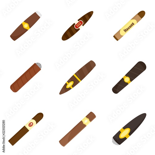 Cigar cuban paper weed cigarette icons set. Flat illustration of 9 cigar cuban paper weed cigarette vector icons for web