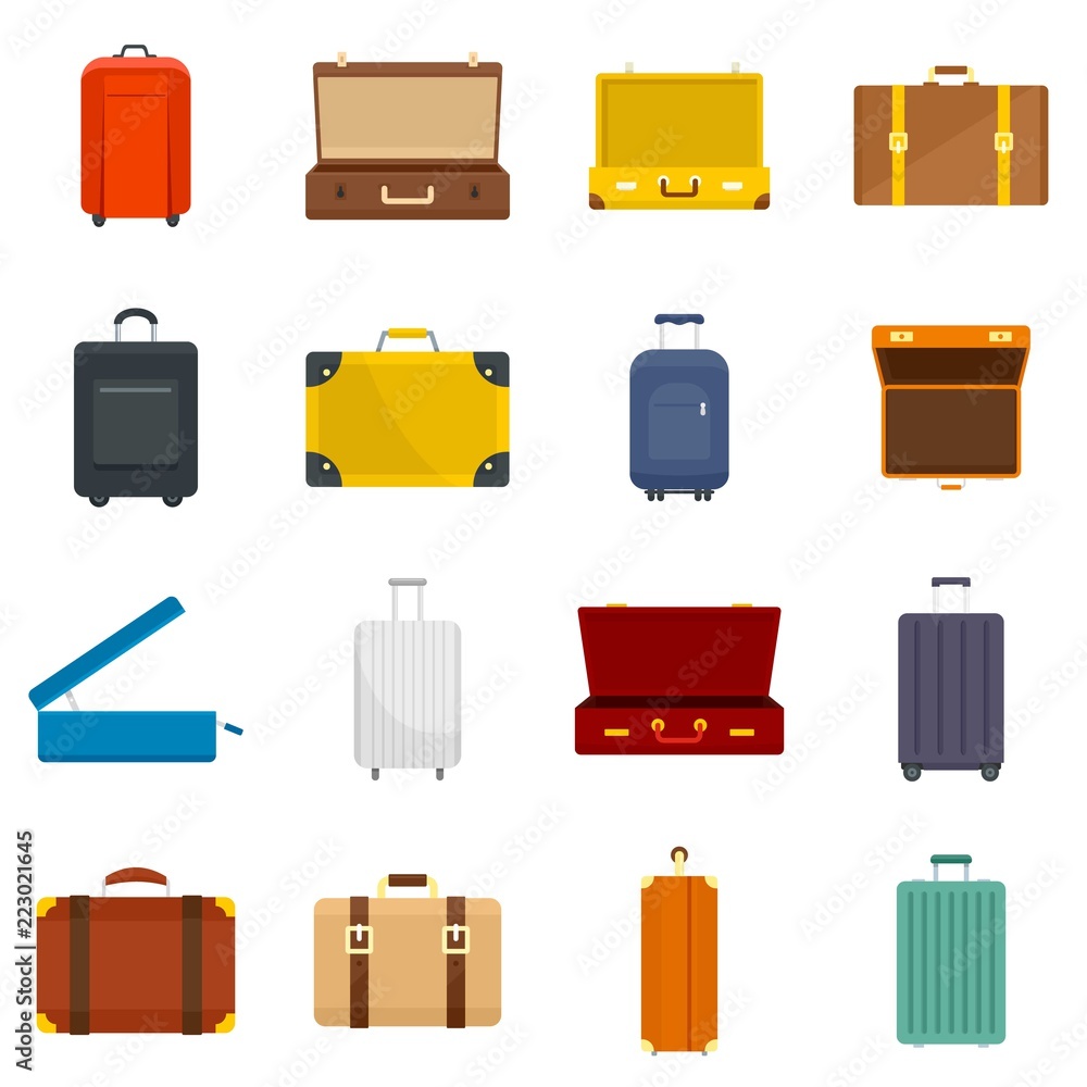 Suitcase travel luggage bag briefcase icons set. Flat illustration of 16 Suitcase travel luggage bag briefcase vector icons for web - obrazy, fototapety, plakaty 