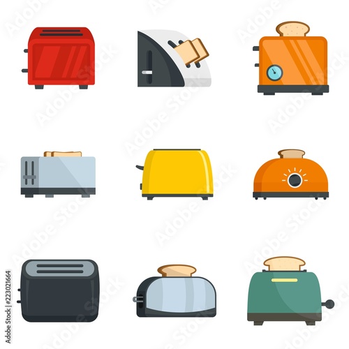 Toaster kitchen bread gourmet oven icons set. Flat illustration of 9 toaster kitchen bread gourmet oven vector icons for web