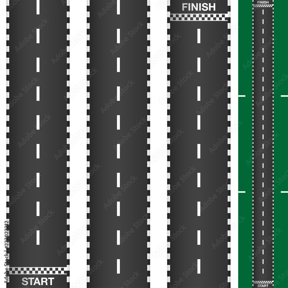 Road with start and the finish line. Track racing set, karting, top view. Creative vector illustration, concept graphic element.