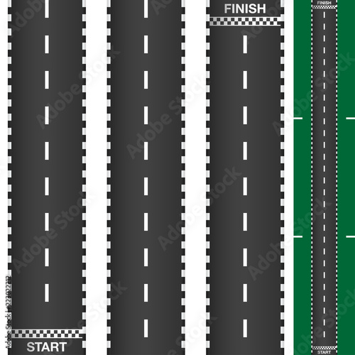 Road with start and the finish line. Track racing set, karting, top view. Creative vector illustration, concept graphic element.
