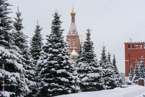 Saint Basil's Cathedral on Red Square in snowfall. Moscow. Russia